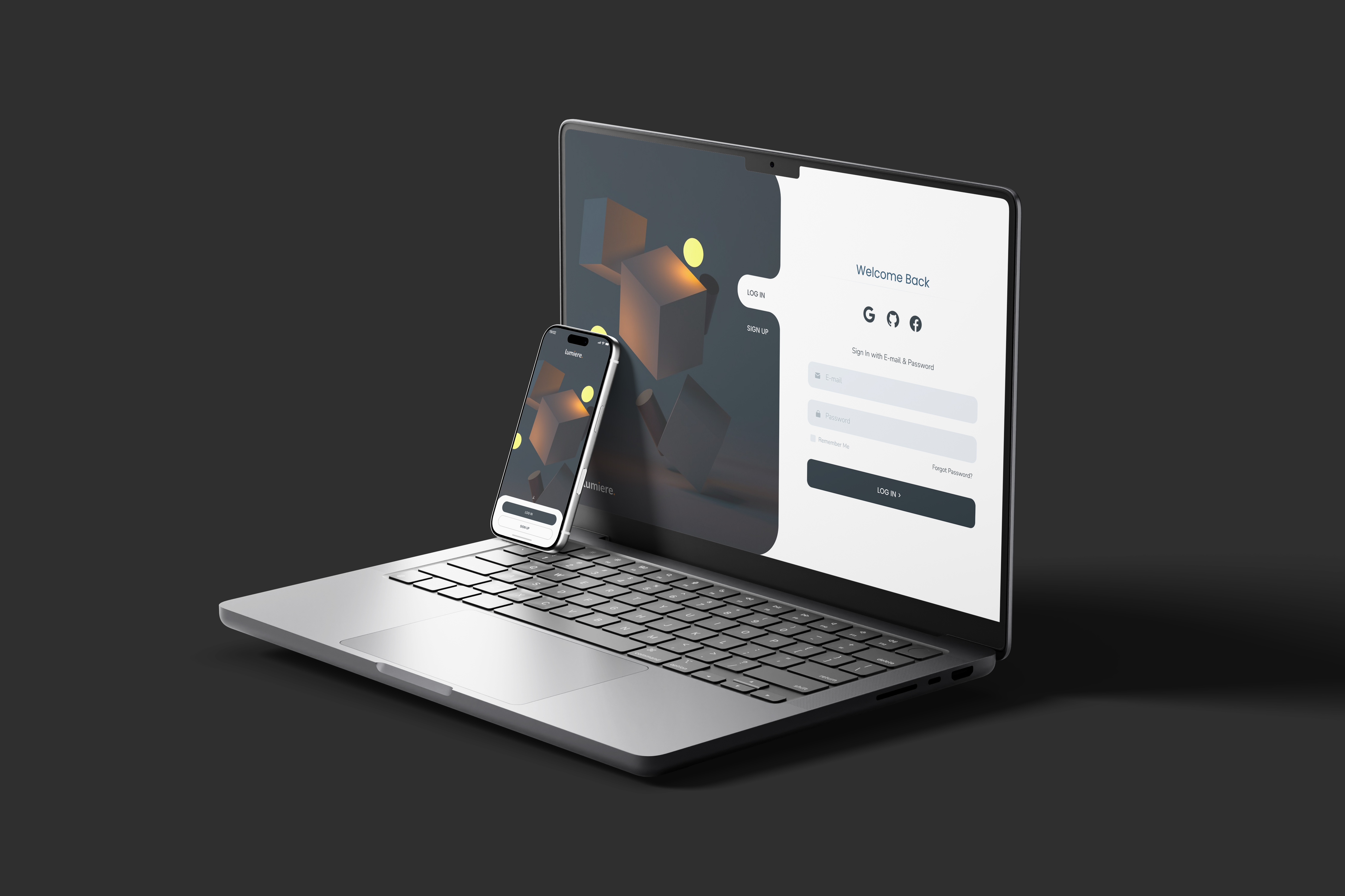 Lumiere desktop interface showing the brand's dark visual style and lighting-inspired design