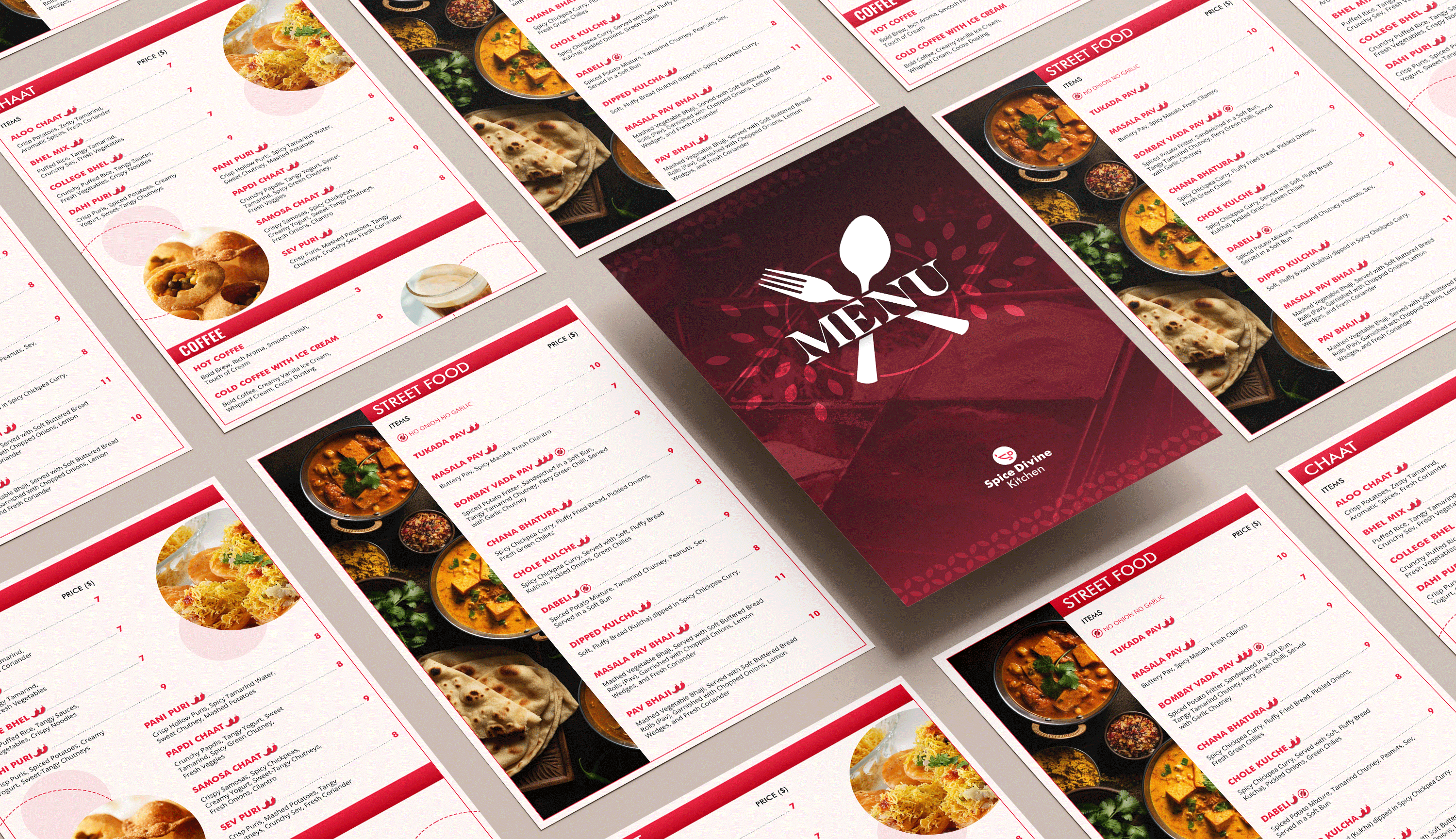 Restaurant menu design featuring organized food and beverage sections