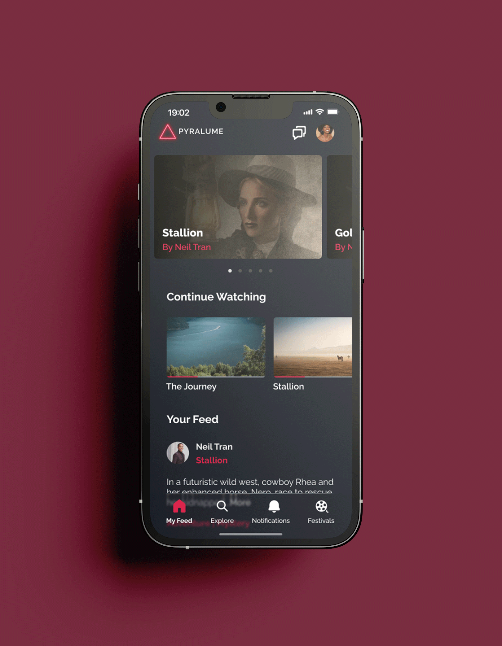 Pyralume mobile feed interface displayed on a phone