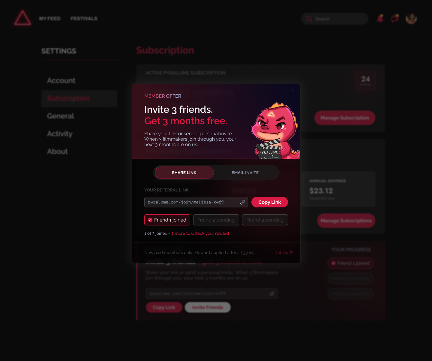 Pyralume subscription page interface