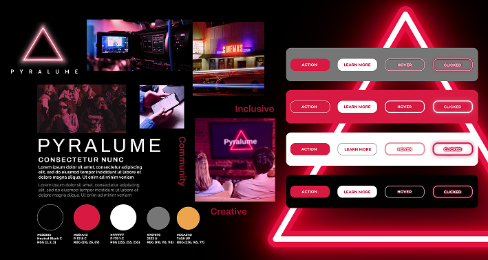 Pyralume brand mood board showing a dark theme with red accent colors