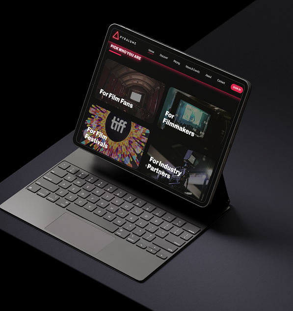 Pyralume filmmaker hub page displayed on a tablet mockup